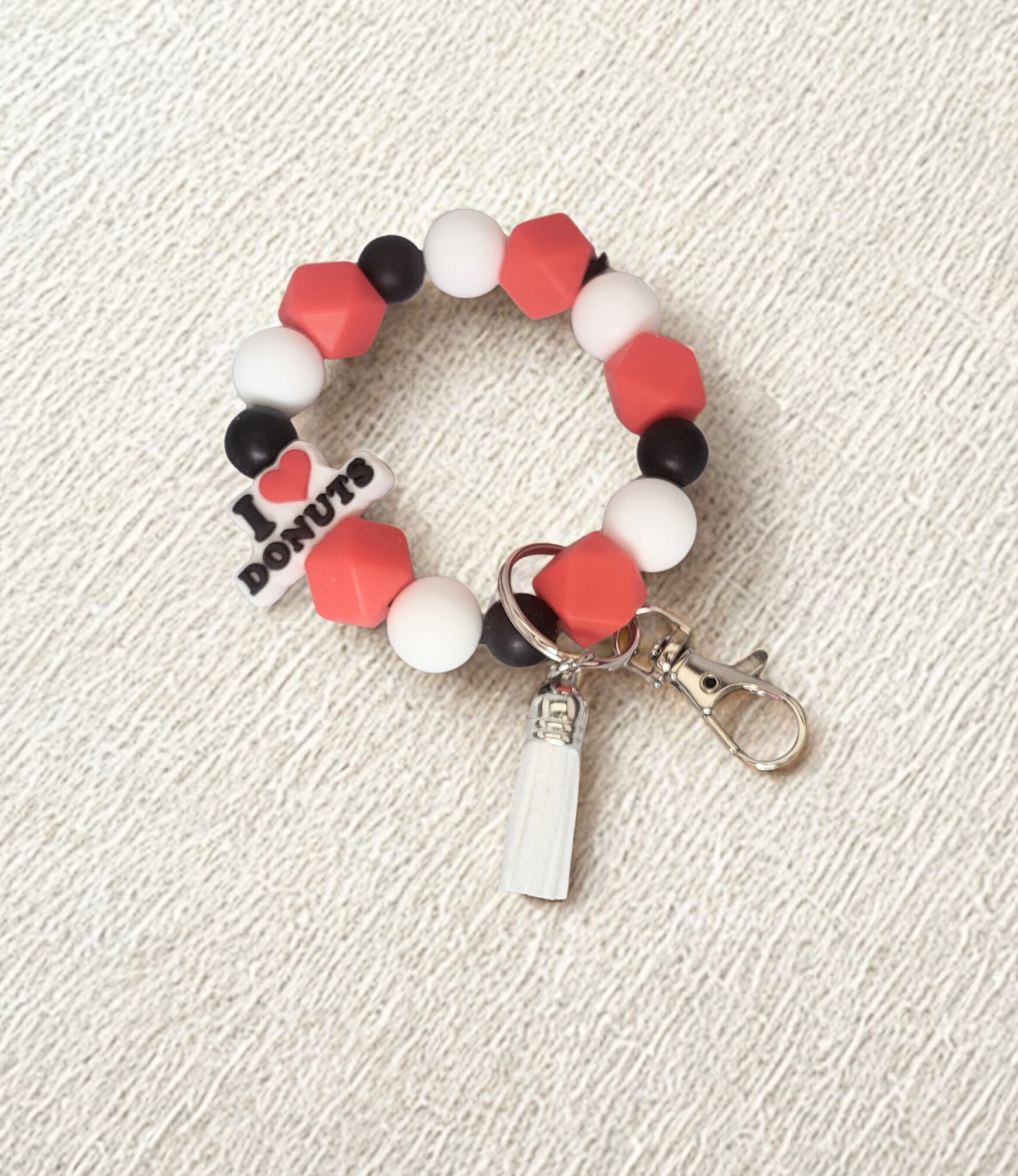 Bracelet porte cles "I love donut" rouge, noir et blanc
